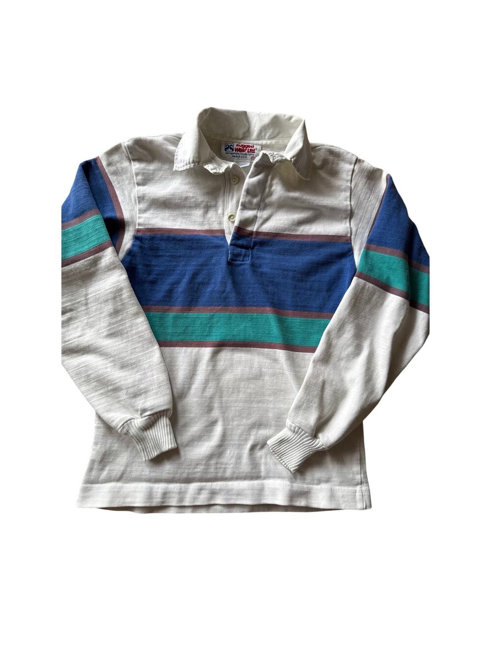 Vintage Rugged Wear Ltd. USA Made White Blue Teal Horizontal Striped Small Rugby